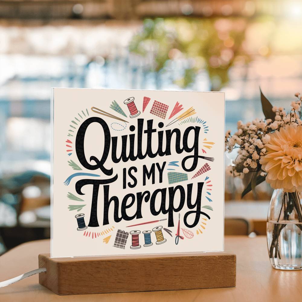 Acrylic Square Plaque - Quilting Is My Therapy - Light Brown