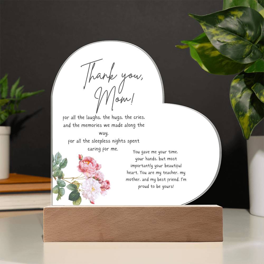 Acrylic Heart Plaque For Mother - Corner Floral on White