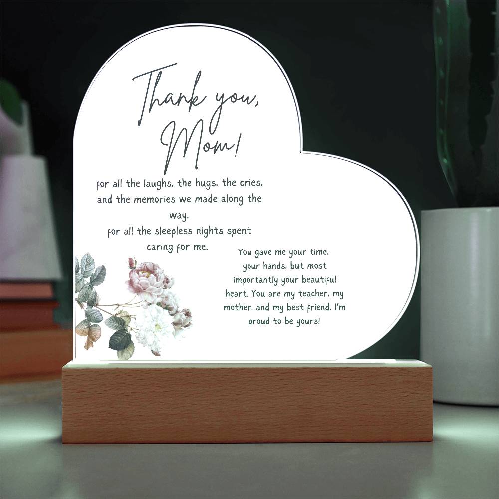 Acrylic Heart Plaque For Mother - Corner Floral on White